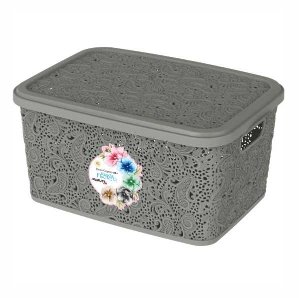 Caixa Organizadora Com Tampa Renda Floral Cinza 17 litros