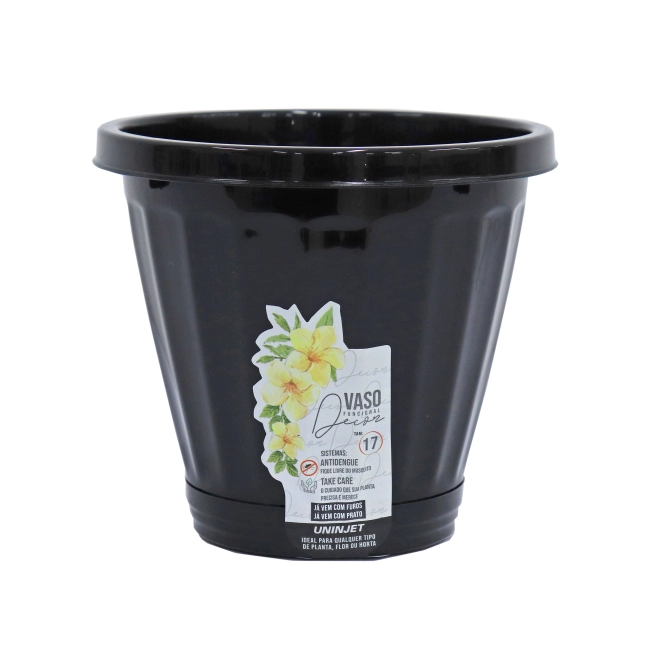 Vaso Cachepot Com Prato N17 - Preto ref 812